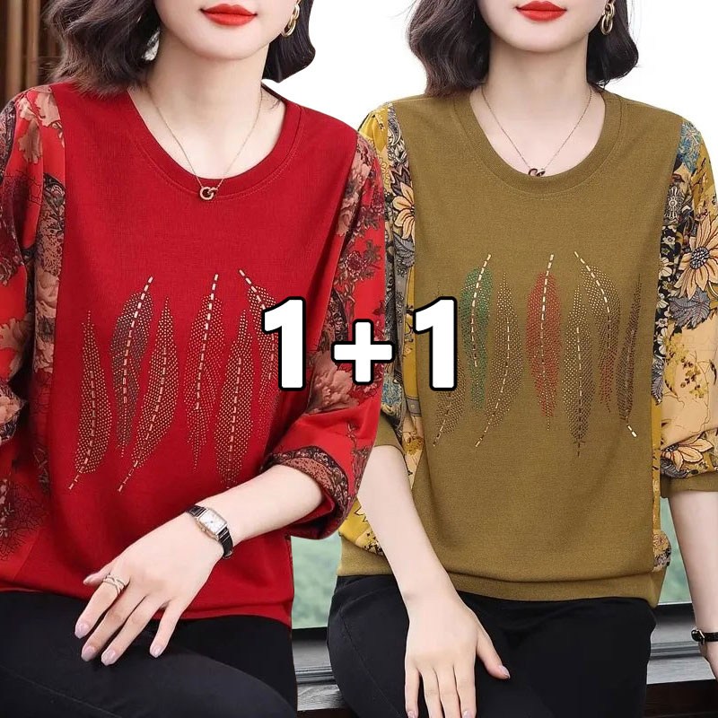 꽃소담 1+1 중년여성 라운드넥 플라워 배색 긴팔티셔츠 봄가을 엄마옷  HXY26A446 25,580원