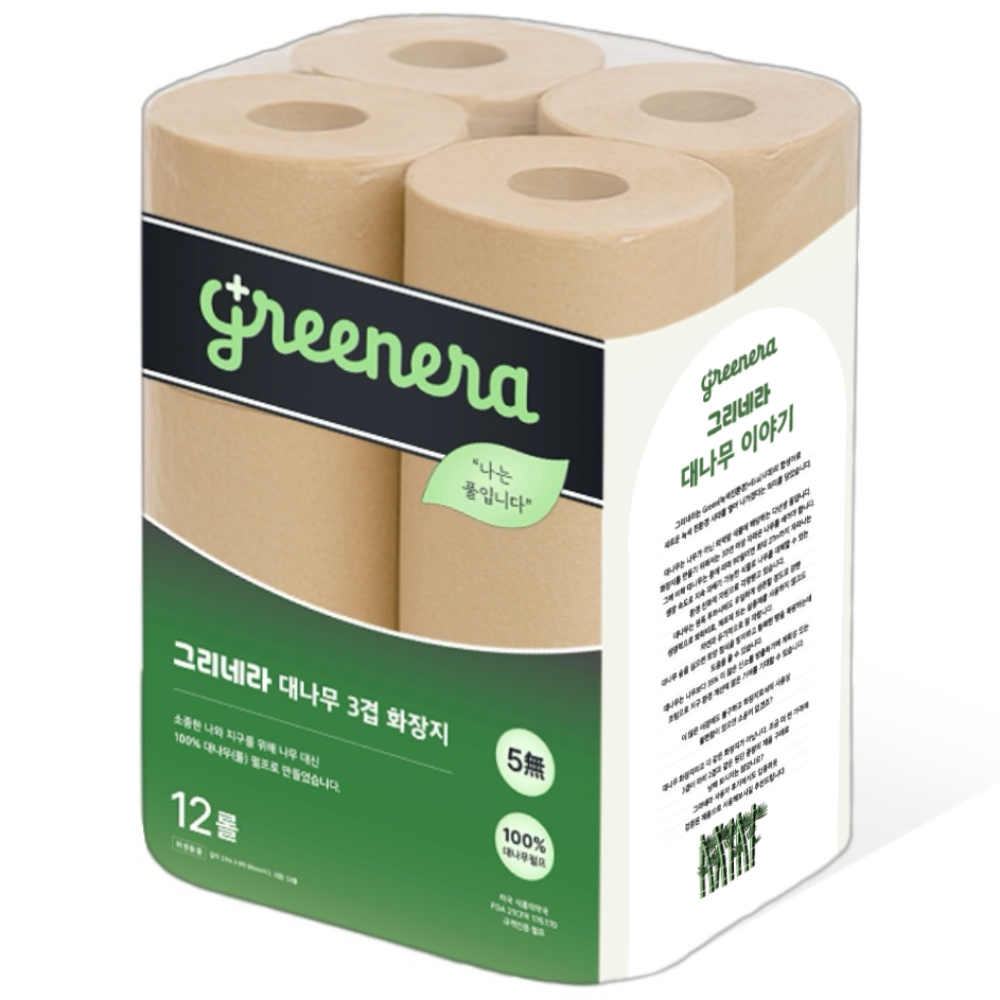 그리네라 먼지없는 깨끗한 무표백 무형광 뱀부 퓨어 대나무화장지 3겹, 1개, 12롤, 27m 8,990원