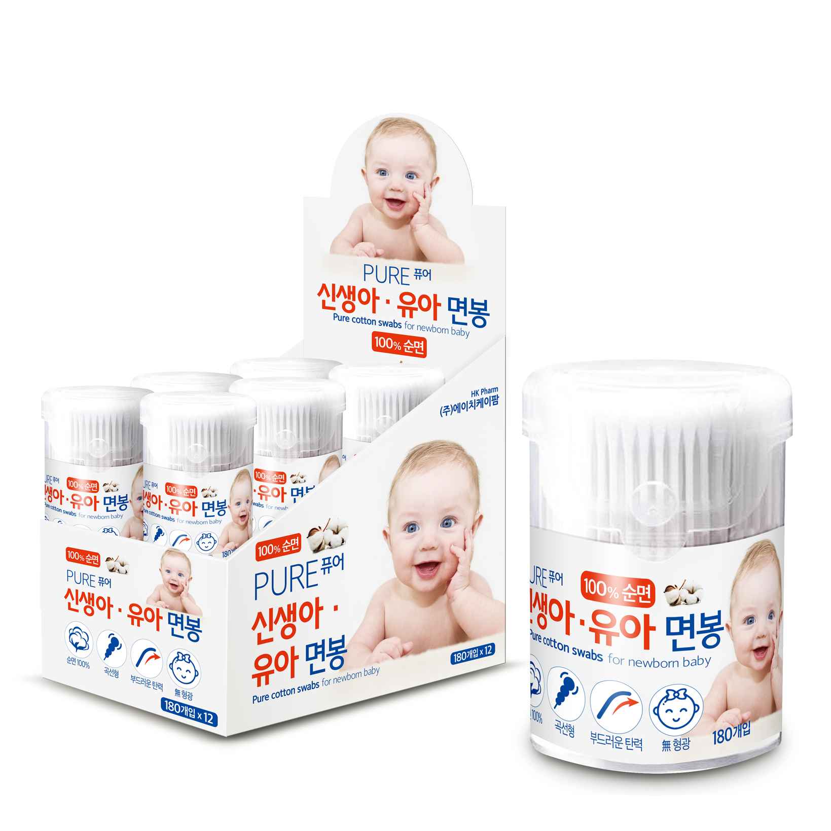 퓨어 신생아 / 유아면봉 - 100%순면 - 180개입, 12개, 180개입 20,000원