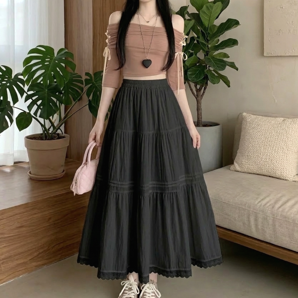 누보마켓 여성 청순 펀칭 레이스 캉캉 롱스커트 A라인 체형커버 봄 여름 스커트 30,900원