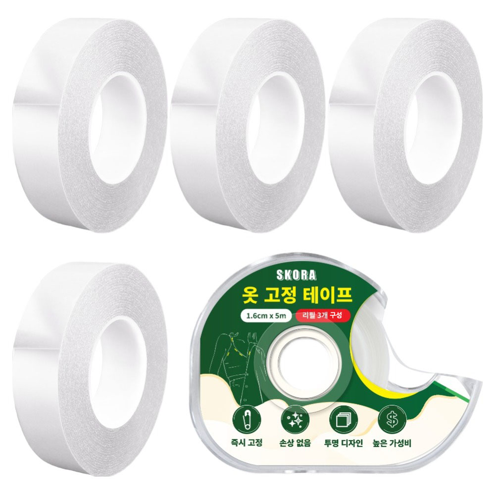 스코라 옷 고정 양면 테이프 1.6cm x 5m 4p + 디스펜서 세트, 투명, 1세트 11,620원