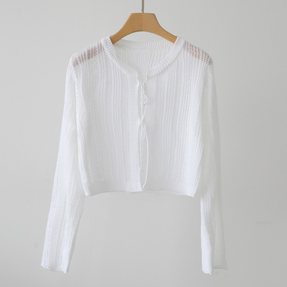 제니트 여성 사랑스러운 포인트 리본 끈 여름 크롭 스카시 니트 긴팔 가디건 16,900원