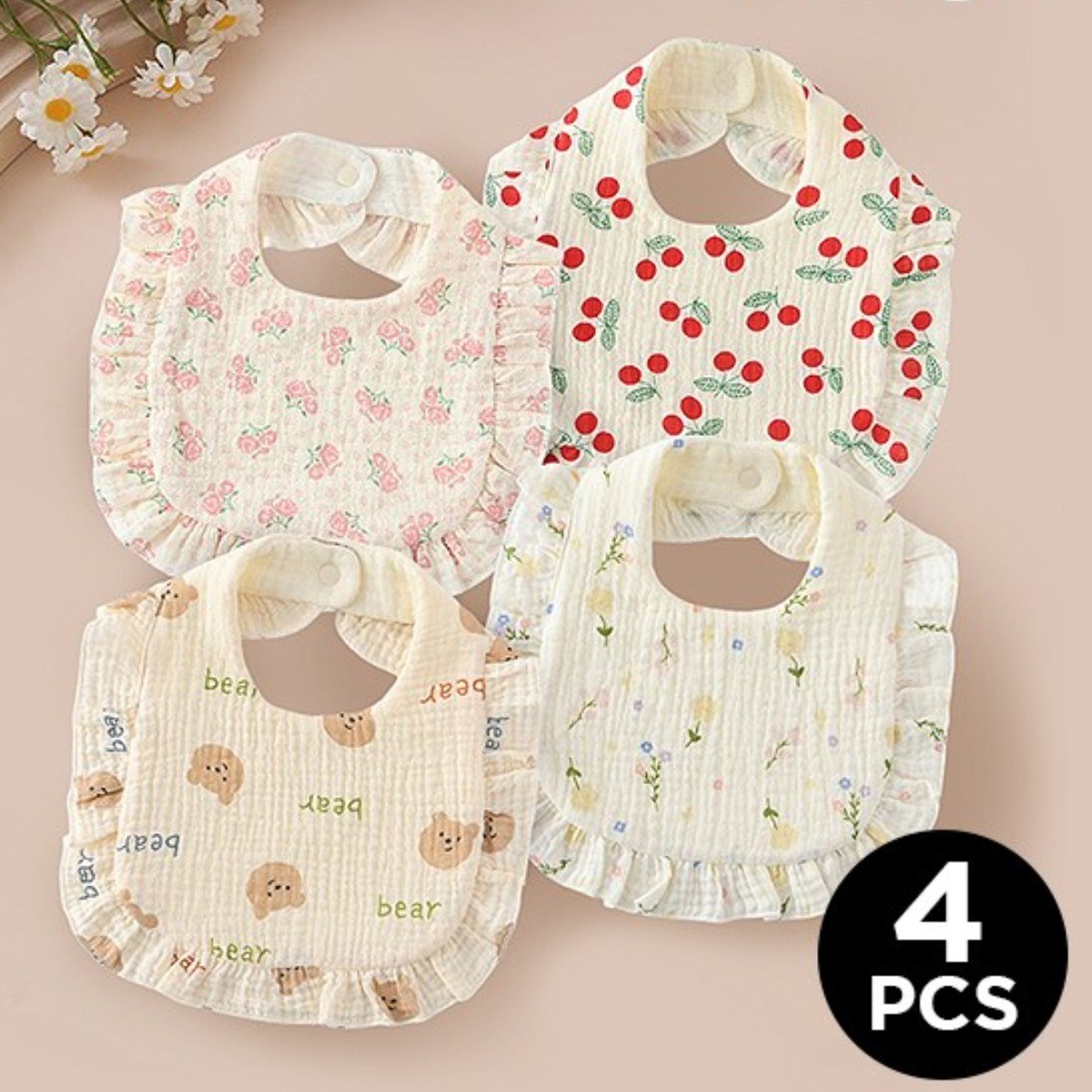 [KC인증] 몽실이 순면 거즈 레이스 턱받이 4set 유아용 사계절 침받이 이유식 16,900원