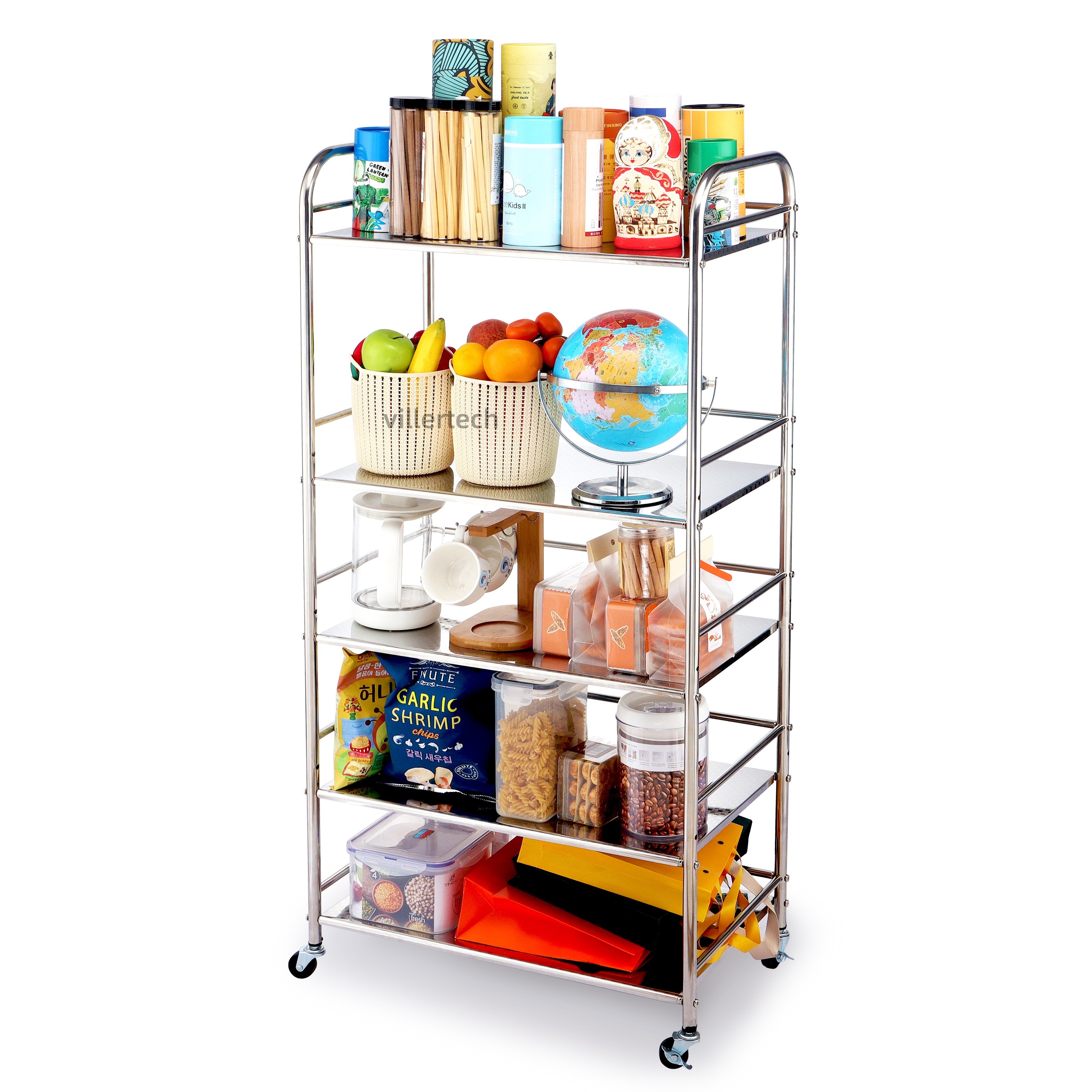 스테인리스 이동식 트롤리, 거실 주방 다용도 수납선반, 조용은 바퀴 조절가능, 욕실 카트, 에스테틱 클리닝용, 5단, 실버 89,990원