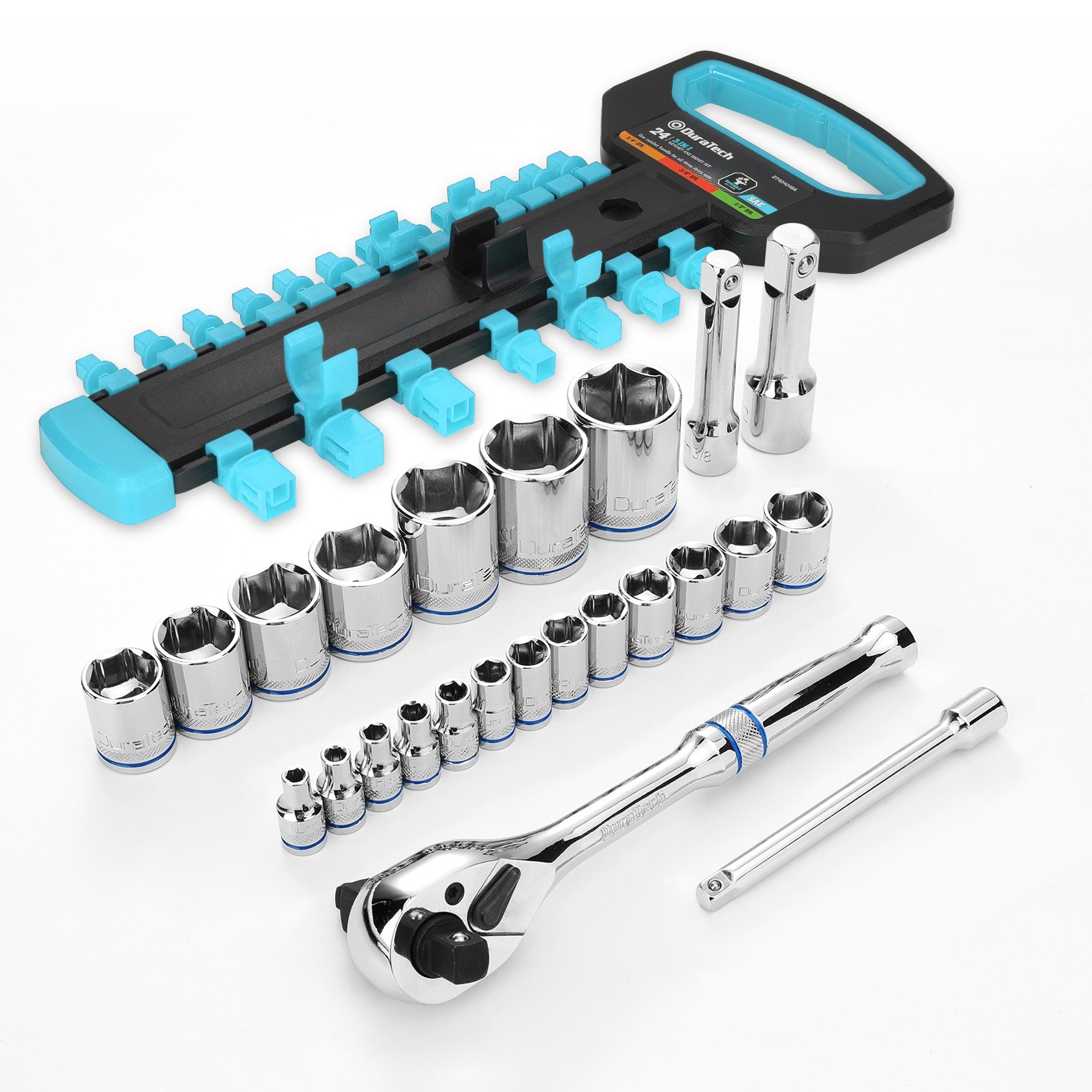 DURATECH 24종 소켓 세트 1/4 3/8 1/2인치 드라이브 3in1 라쳇 핸들 3개 익스텐션 20개 소켓 포함 자동차 수리 가정용 보관 랙 포함, 1세트 37,900원