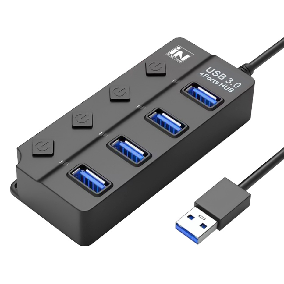 인네트워크 USB3.0지원 개별전원 스위치 4포트 확장 USB허브 IN-3U4BK, 블랙, 1개, 현재가 8,630원