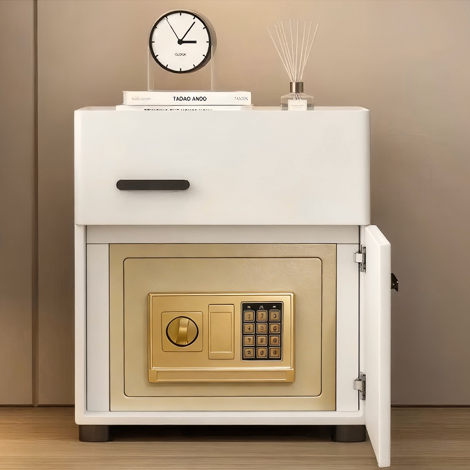 가정용 소형 금고 2단 미니협탁 안전 금고 40cm, 화이트(금고포함) 166,600원