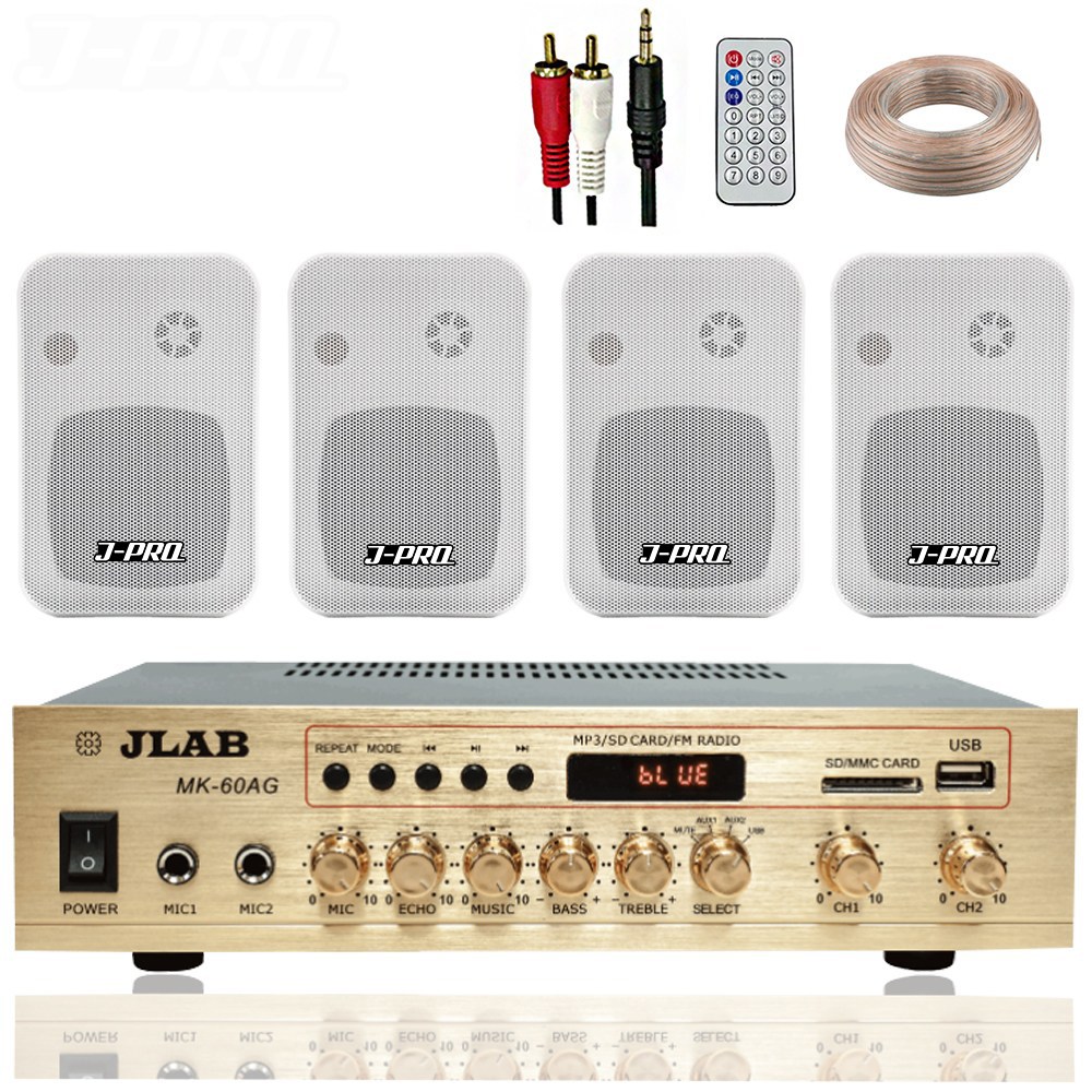 JLAB 블루투스 매장용 카페 매장 업소용 벽걸이 미니 앰프 스피커 4개+리모콘+PC선 1.5M+스피커케이블 40M 149,000원