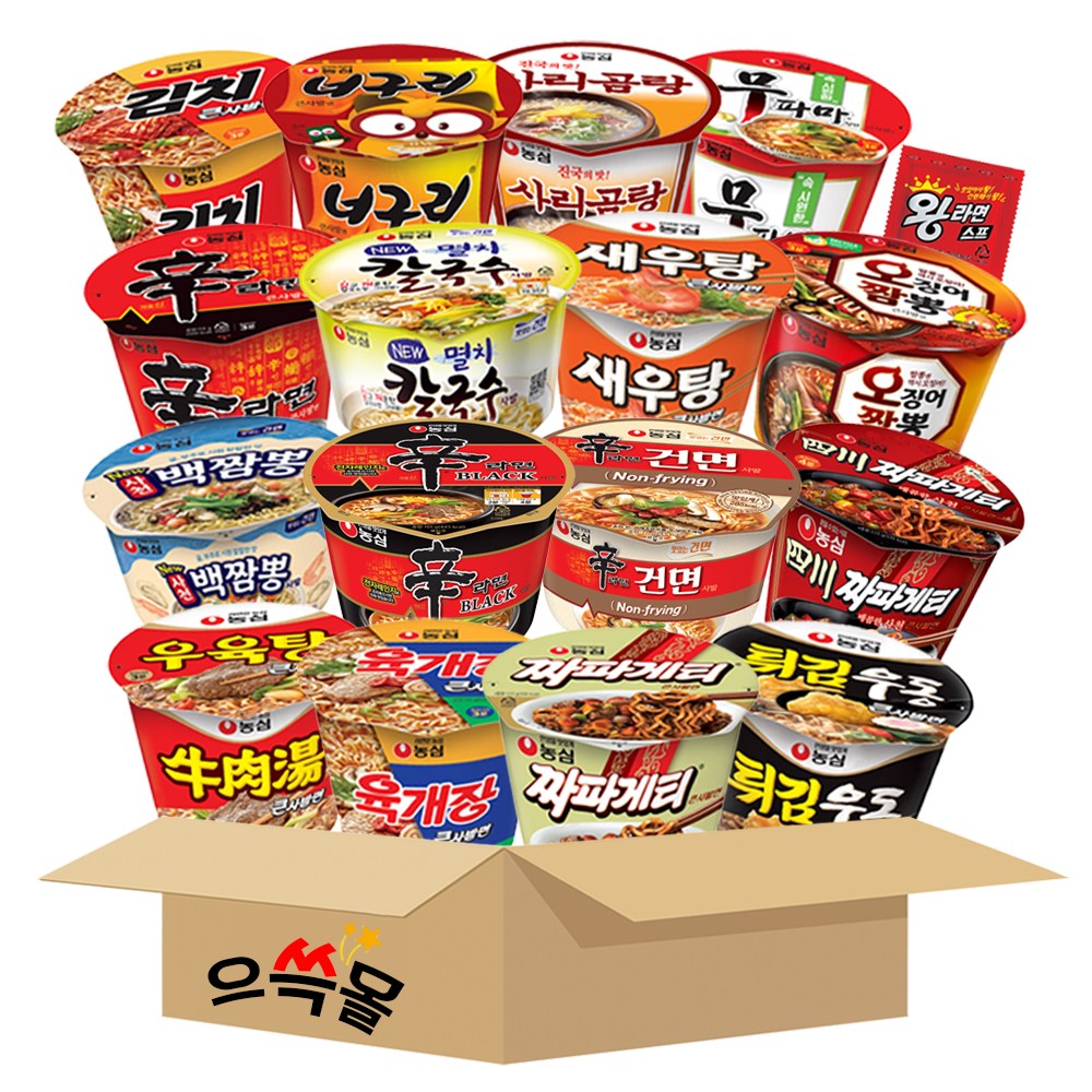 농심 컵라면 큰컵 세트 김치 너구리 새우탕 신라면 오징어짬뽕 육개장 짜파게티 튀김우동 탕비실 간편식, 1박스 29,900원