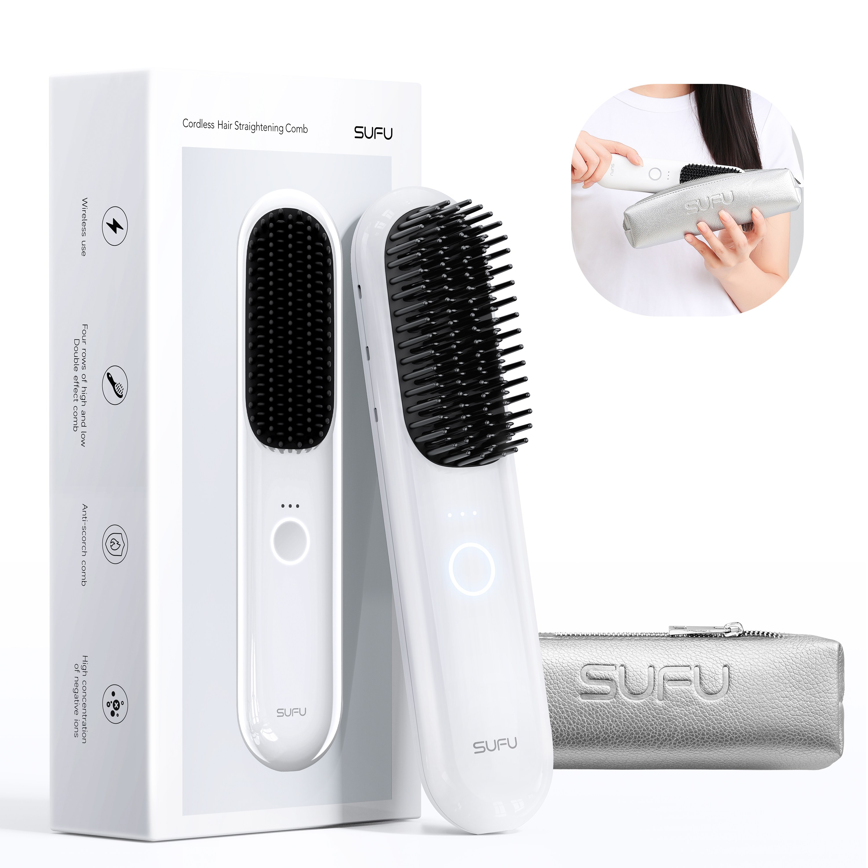 SUFU 무선 빗고데기 헤어 휴대용 여행용 고데기 9000mAh 뿌리 볼륨 고데기 3억 음이온 2in1 멀티스타일러 초고속 가열 모발 손상방지 화상방지 3단 온도조절 매직기 충전식, 화이트 58,000원