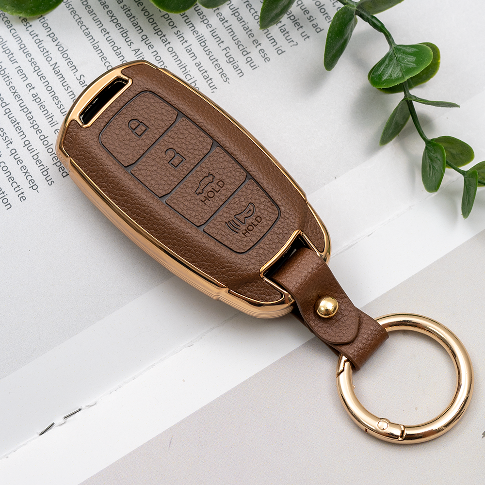 현대 펠리세이드 싼타페 TM CN7 i30 그랜져 IG 코나 호환 TPU 가죽 키케이스 키홀더 키링, 4버튼(TL29), 브라운골드 17,900원
