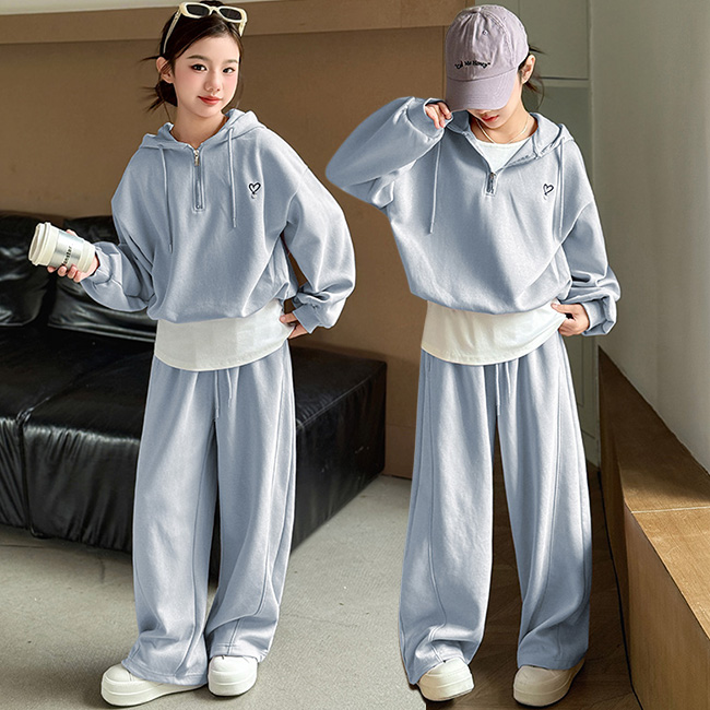 비비키드 여아 봄가을 신상 하트 페이크 레이어드 반집업 봄 가을 초중생 상하복 세트 주니어 후드티 세트 긴바지 (2611) 43,800원