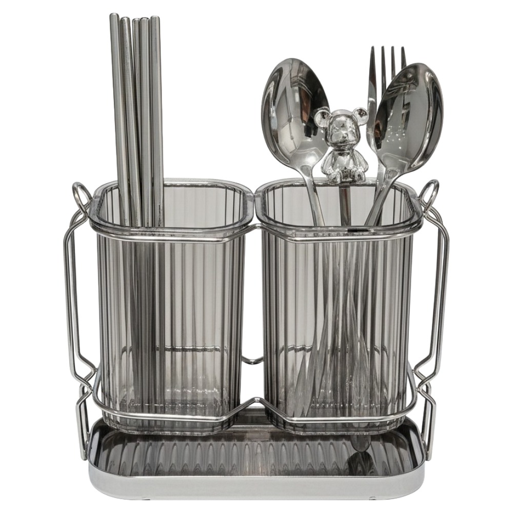 쿠쏘 모던 투명 2구 물빠짐 수저통 21.3 x 16.7 x 8.5 cm, 그레이실버, 1개 8,300원