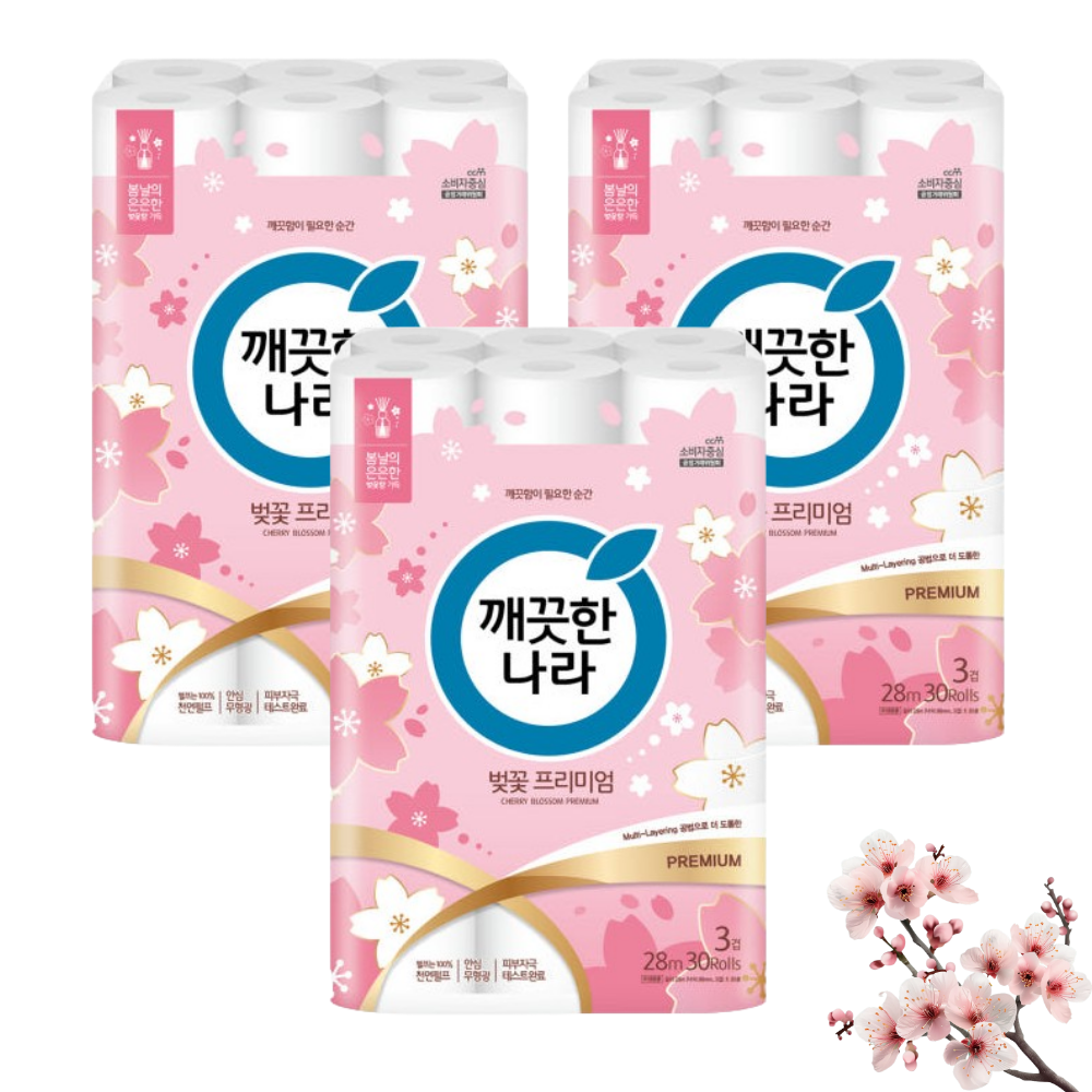 깨끗한나라 벚꽃 화장지 30롤 허브가든 3겹 28m 두루마리 휴지 물에잘녹는 무형광 프리미엄, 3개 47,200원