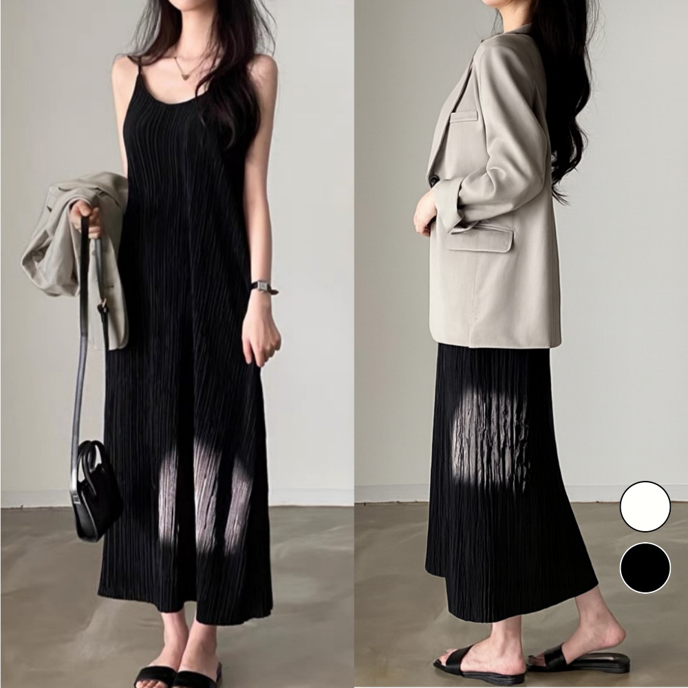 핏몬 여성 구김없는 플리츠 끈 나시 롱 원피스 자체제작 18,500원