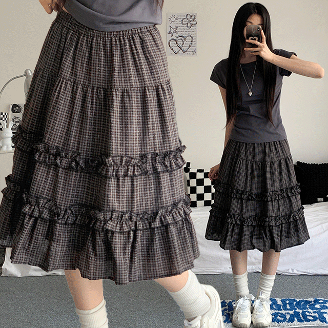 [도쿄무드/3col] 샤이 체크 프릴 캉캉 미디 스커트 40,500원