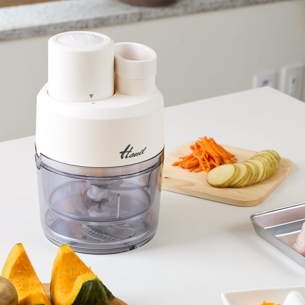 한일전기 전동 멀티 채칼 다지기 야채 슬라이서 3in1 멀티초퍼 채썰기 자동 커팅 만능다지기, 1개, 크림아이보리, 현재가 69,800원