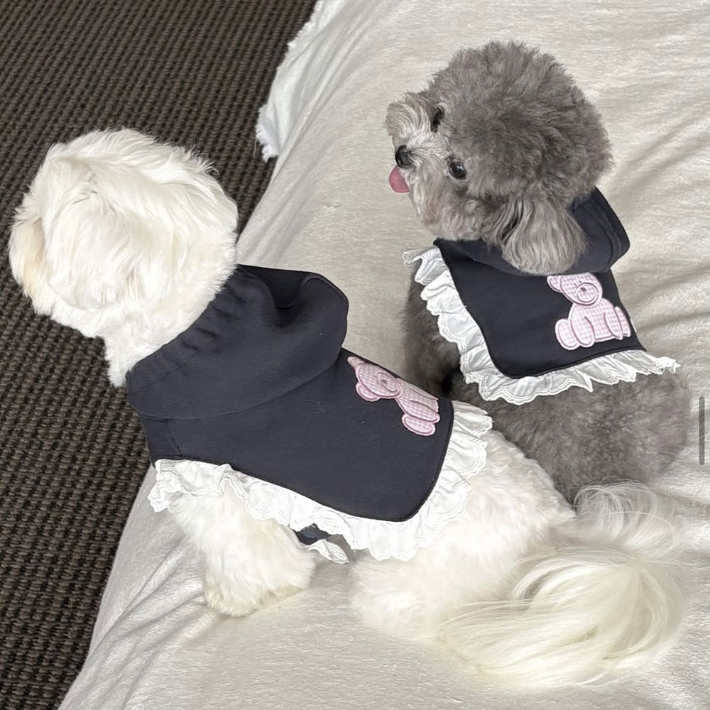 애견 강아지 체크 곰돌이 프릴 후드티 봄옷 조끼 사계절 실내복, 1개, 네이비 13,900원