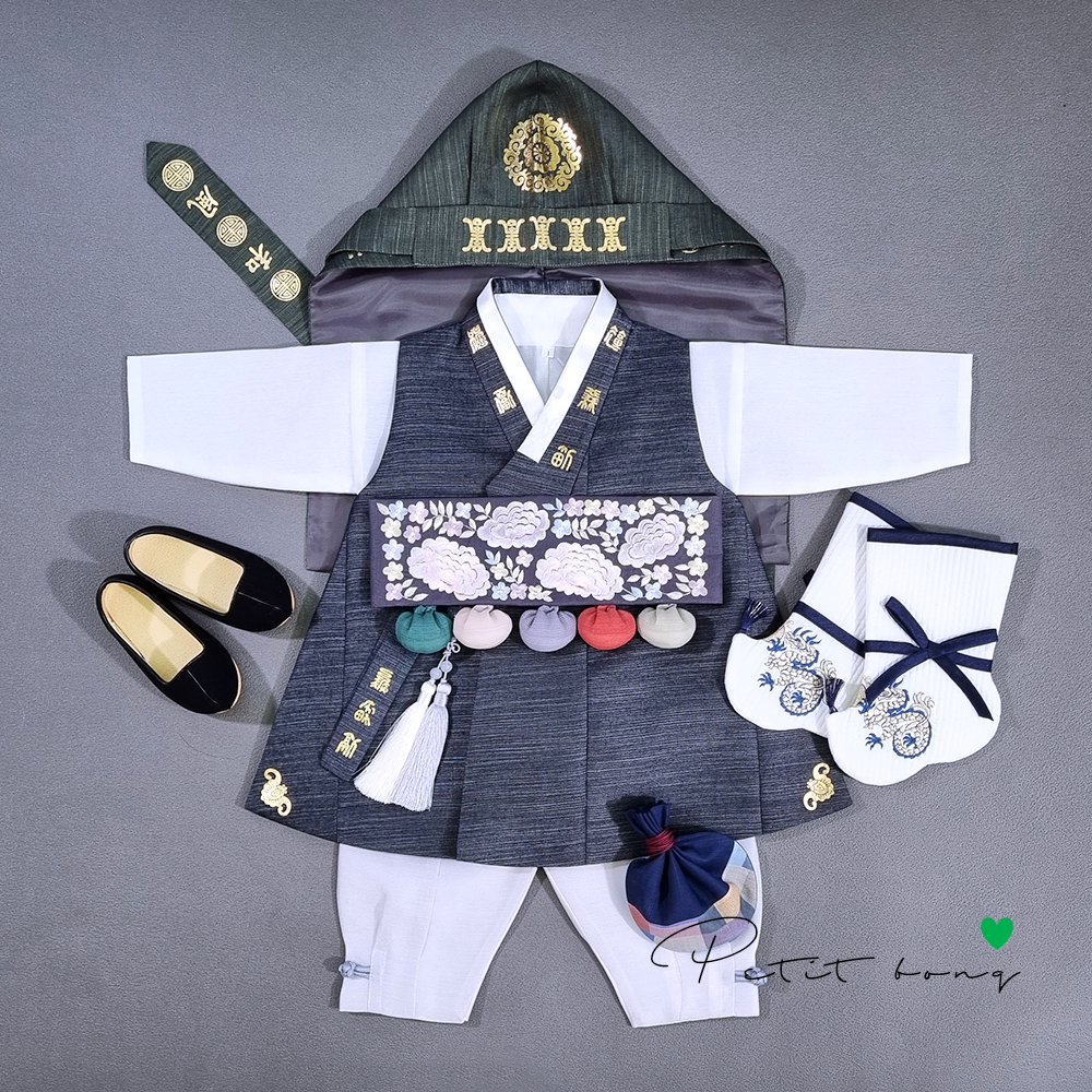 [백일 돌 세트구성] 남아한복 답호금박 먹색 배자 (10%적용)_수복강녕(챠콜/금)+구름꽃돌띠(챠콜) 136,800원