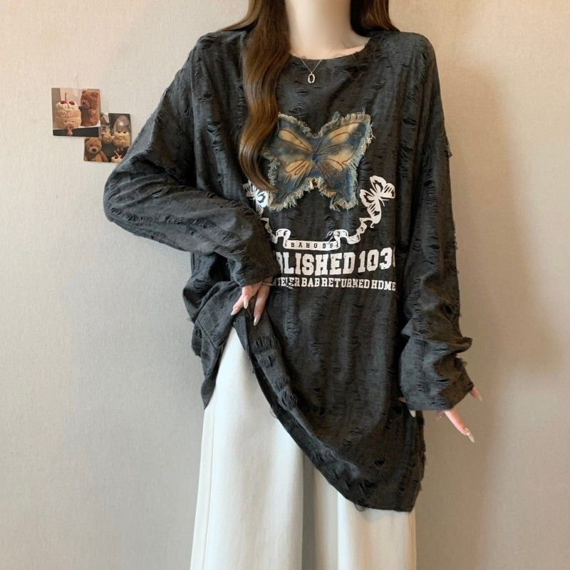 IWMAFT 여성 플러스사이즈 롱기장 루즈핏 나비 자수 긴팔 티셔츠 봄가을 여리여리 체형커버 상의 HY12 17,200원