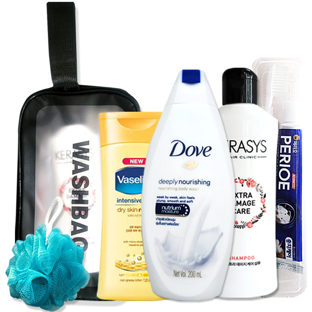 대용량 도브 바디워시 세면도구 세트 8종 ( 바디워시+바디로션+칫솔세트+퍼프+샴푸+파우치), 1개 15,990원