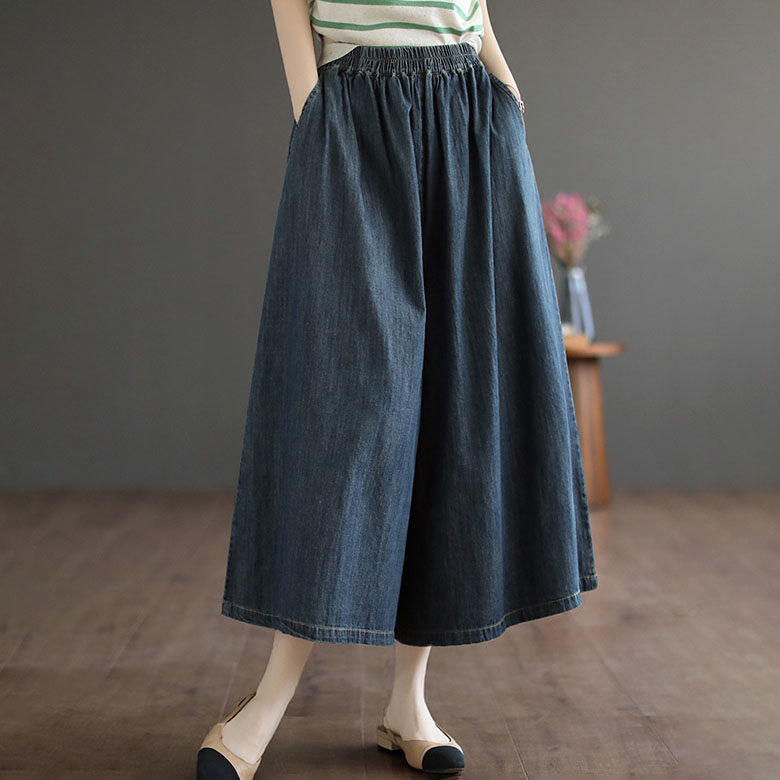 데님 빅사이즈 여름 캐주얼 7부 와이드 팬츠 치마바지 여성 청바지 밴딩 팬츠 27,200원