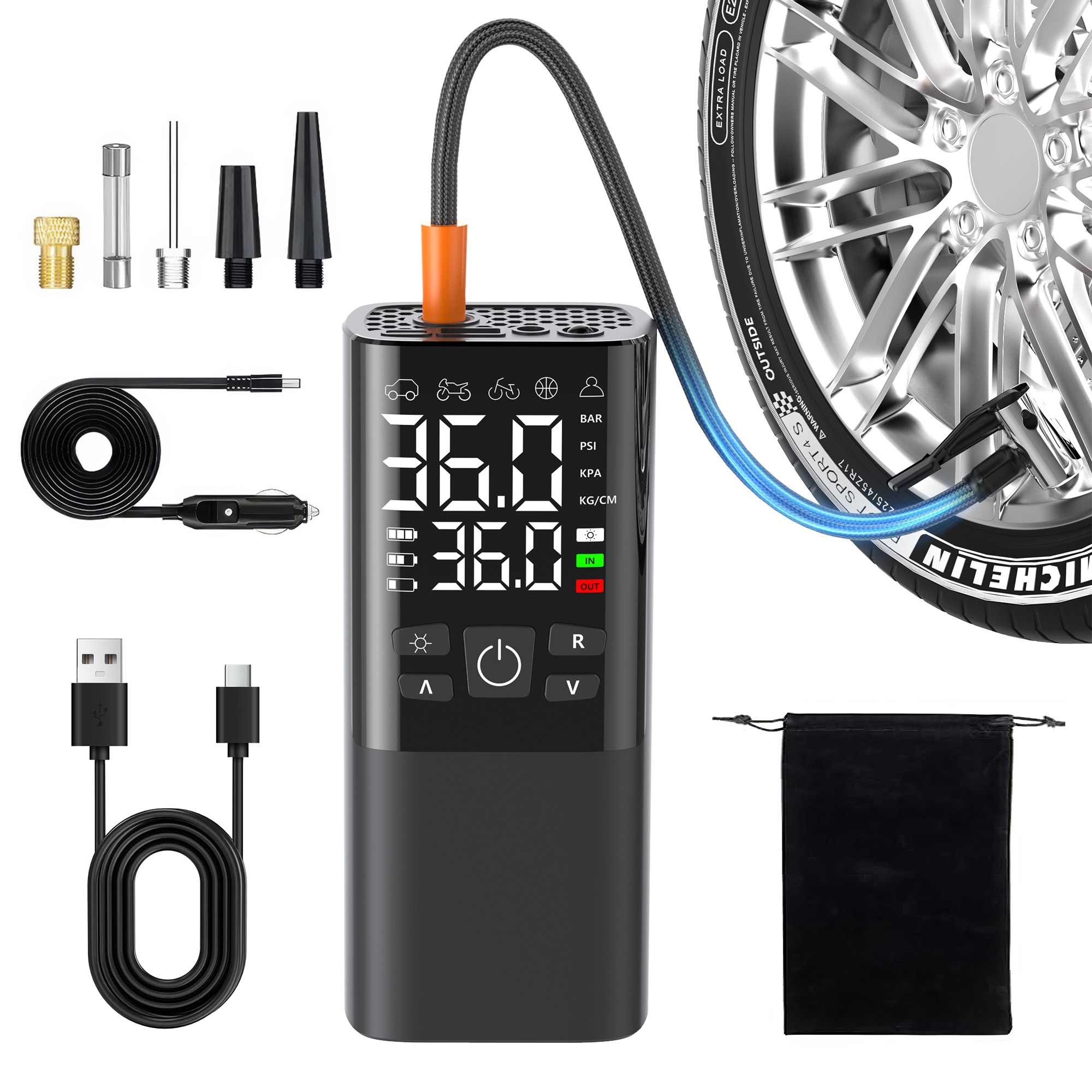 RUNHome 휴대용 무선 타이어 공기압 주입기 차량 자전거 오토바이 다용도 고압 빠른 주입 6000mAh, 블랙, 1개 48,800원
