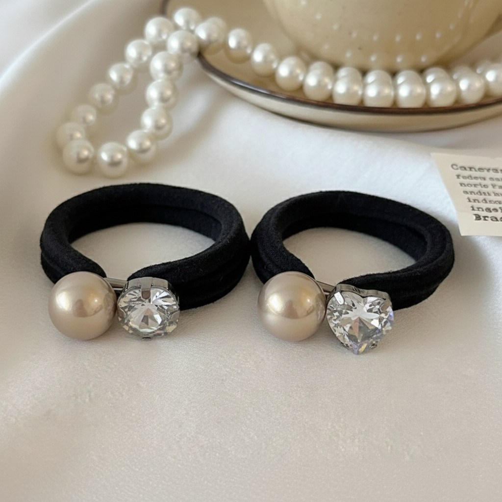 블링살롱 2개세트 짱짱한 샤이닝 진주 큐빅 펜던트 헤어끈 고무줄 헤어밴드 8,900원