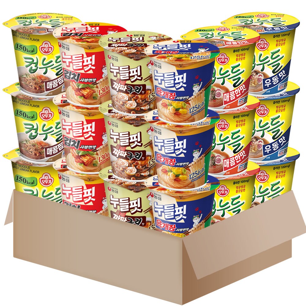 메리박스 컵라면 6종18개 농심 누들핏(육개장사발면x3+김치사발면x3+짜파구리x3)+오뚜기컵누들(매콤한맛x3+우동x3+매콤찜닭x3) 25,800원