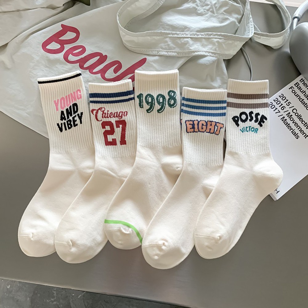 61sec no.500 5켤레세트 장목 캐주얼 디자인 자수 패션양말 학생 흘러내리지 않는 데일리 삭스 21,900원