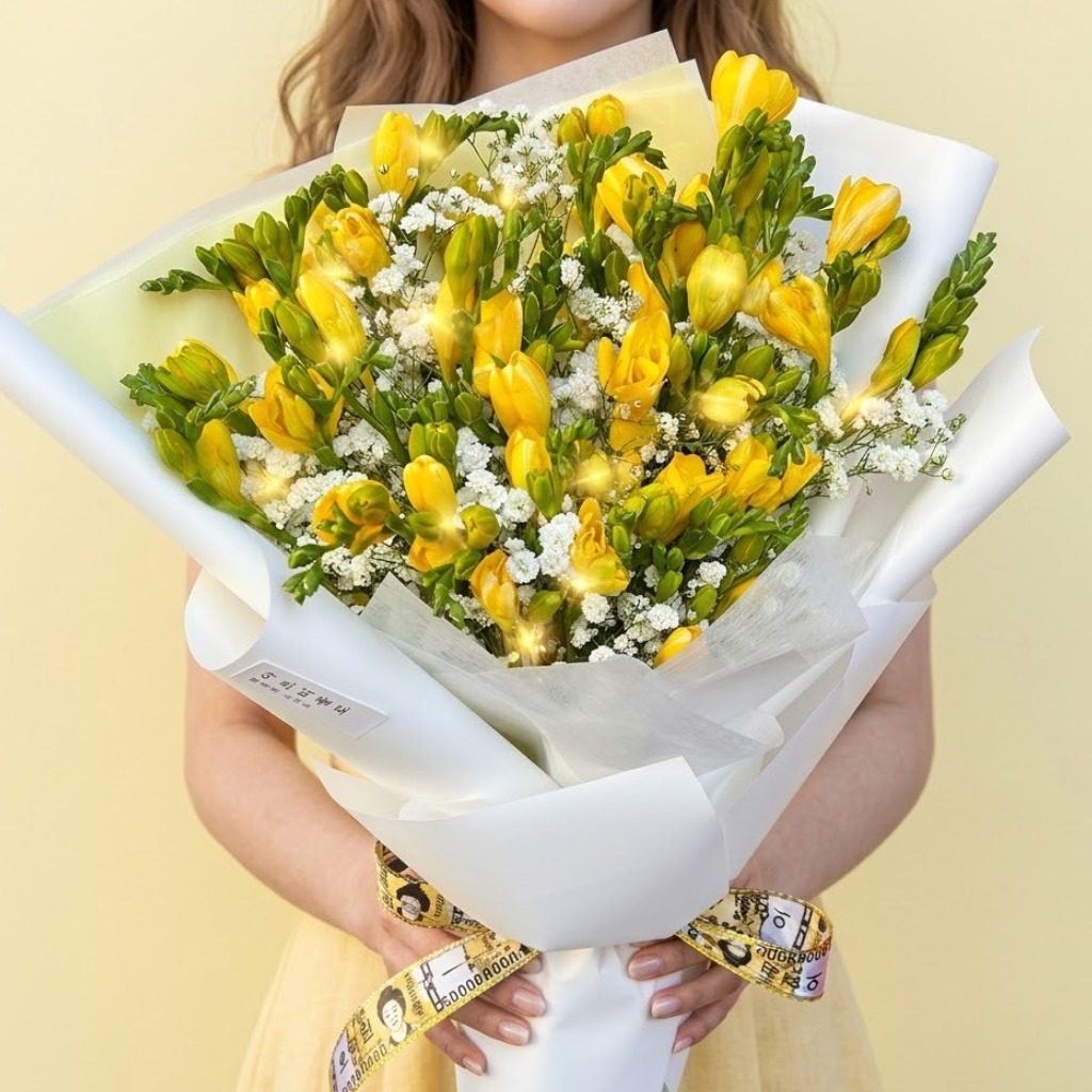 주말배송 신선포장 아르띠콜로 고급 프리지아 생화 LED 안개꽃다발 +쇼핑백set 46,800원