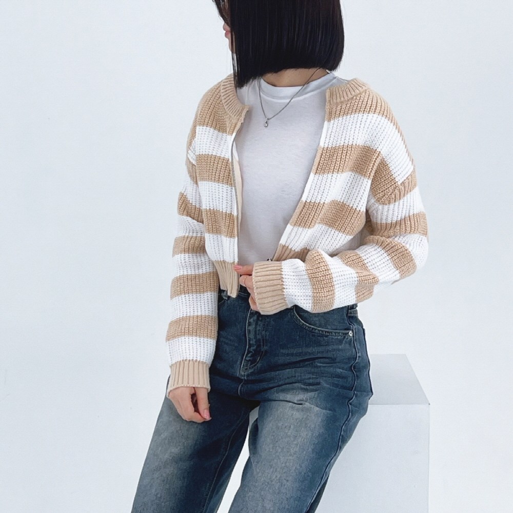 니트 집업 스트라이프 여성 가디건 니트 가디건 크롭 단가라 니트 19,400원