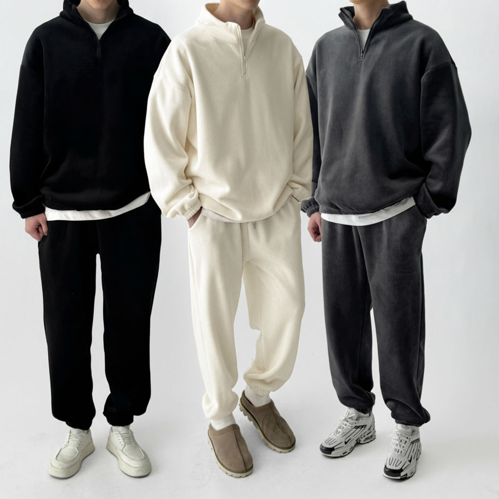 [세트가격] 빠델 프레디 남녀공용 오버핏 기모 코듀로이 골덴 후리스 반집업 조거팬츠 와이드팬츠 트레이닝 세트 셋업 29,800원