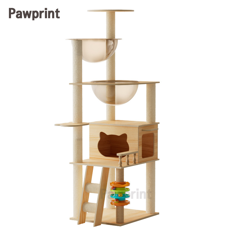 Pawprint 원목 캣타워 대형 소형 고양이 캣타워 우주선 아크릴 투명 캣하우스 다기능 고양이 놀이 공간 다묘가정 초보집사 먼치킨 성인묘 거실 원룸 실내용 다양한 고양이 활동에 39,930원