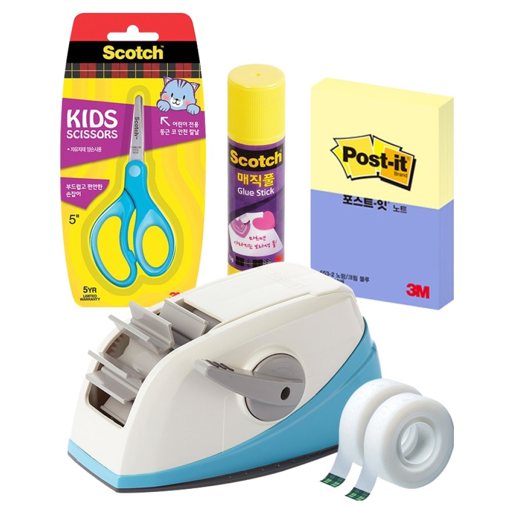 쓰리엠 저학년 블루 원터치 디스펜서 + 어린이 양손가위 + 매직풀 15g + 포스트잇653 세트 25,900원