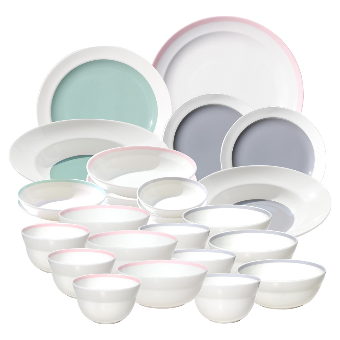 한국도자기 쿠잉 6인 가족 홈 식기세트 24p, 핑크, 그레이(공기, 대접), 그린, 그레이(파스타볼), 1세트, 식기 24p 328,670원