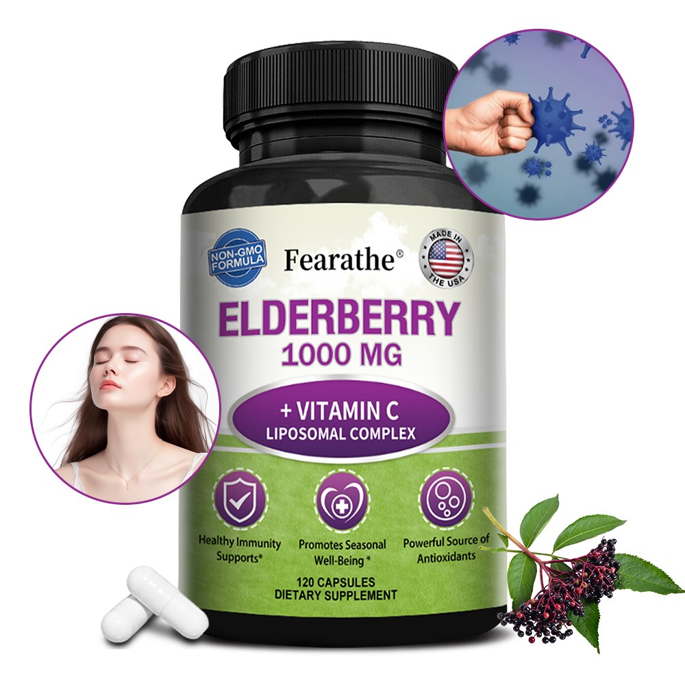 블랙 엘더베리 캡슐, 비타민 C와 아연 보충제 함유 - 엘더베리 1000mg과 리포좀 비타민 C - 천연 엘더베리 면역 지원 22,950원