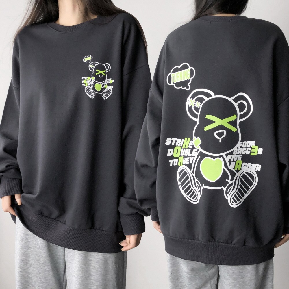 레이디스룸 [기모선택] 국산 오버핏 곰돌이 프린팅 맨투맨 빅사이즈 남녀공용 21,800원