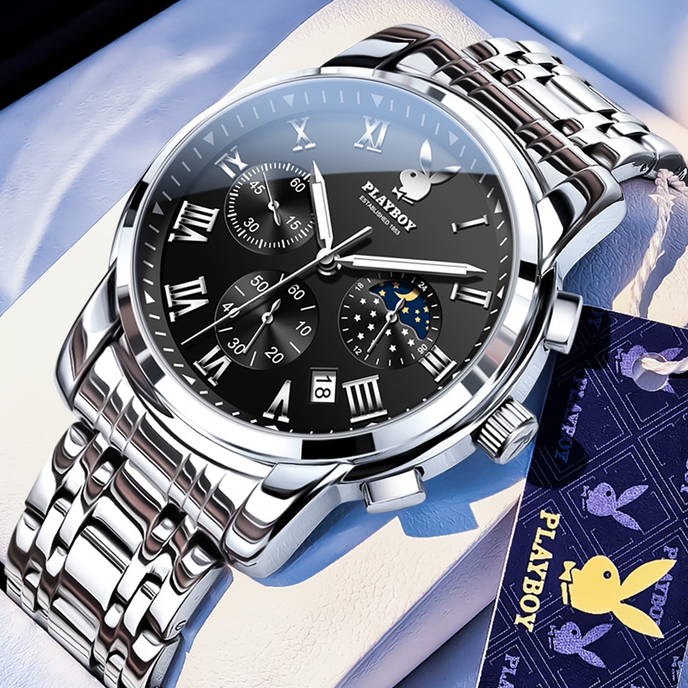 PLAYBOY 플레이보이 남성 크로노그래프 손목시계 명품 디자인 방수 비즈니스 시계 데이트 기능 쿼츠 시계 78,400원