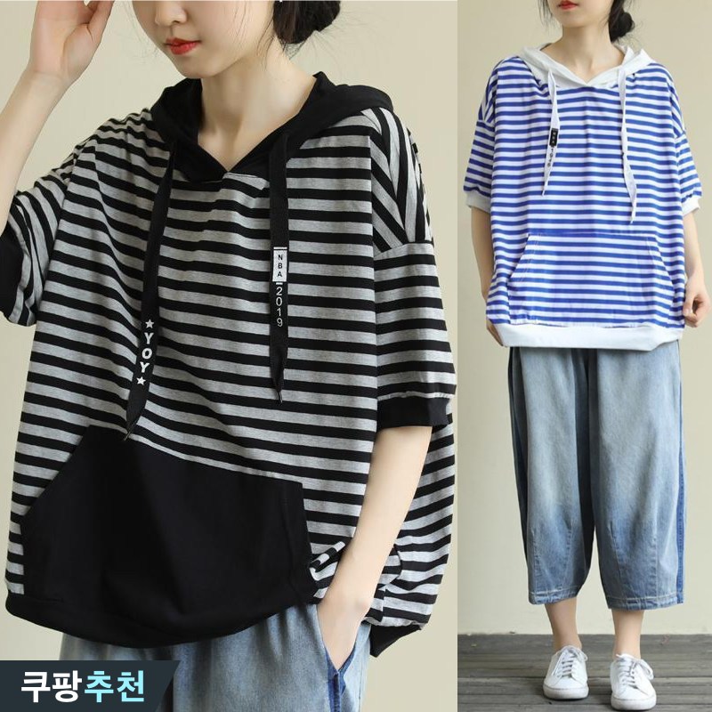 100kg까지 빅사이즈 여성 스트라이프 후드 포켓 후드티 여름 신상 편한 하프 루즈핏 날씬해보이는 이쁜 프린트 영문티 패션 간절기 캐주얼 상의 박스티 데일리 반팔티 원단좋은 티셔츠 23,900원