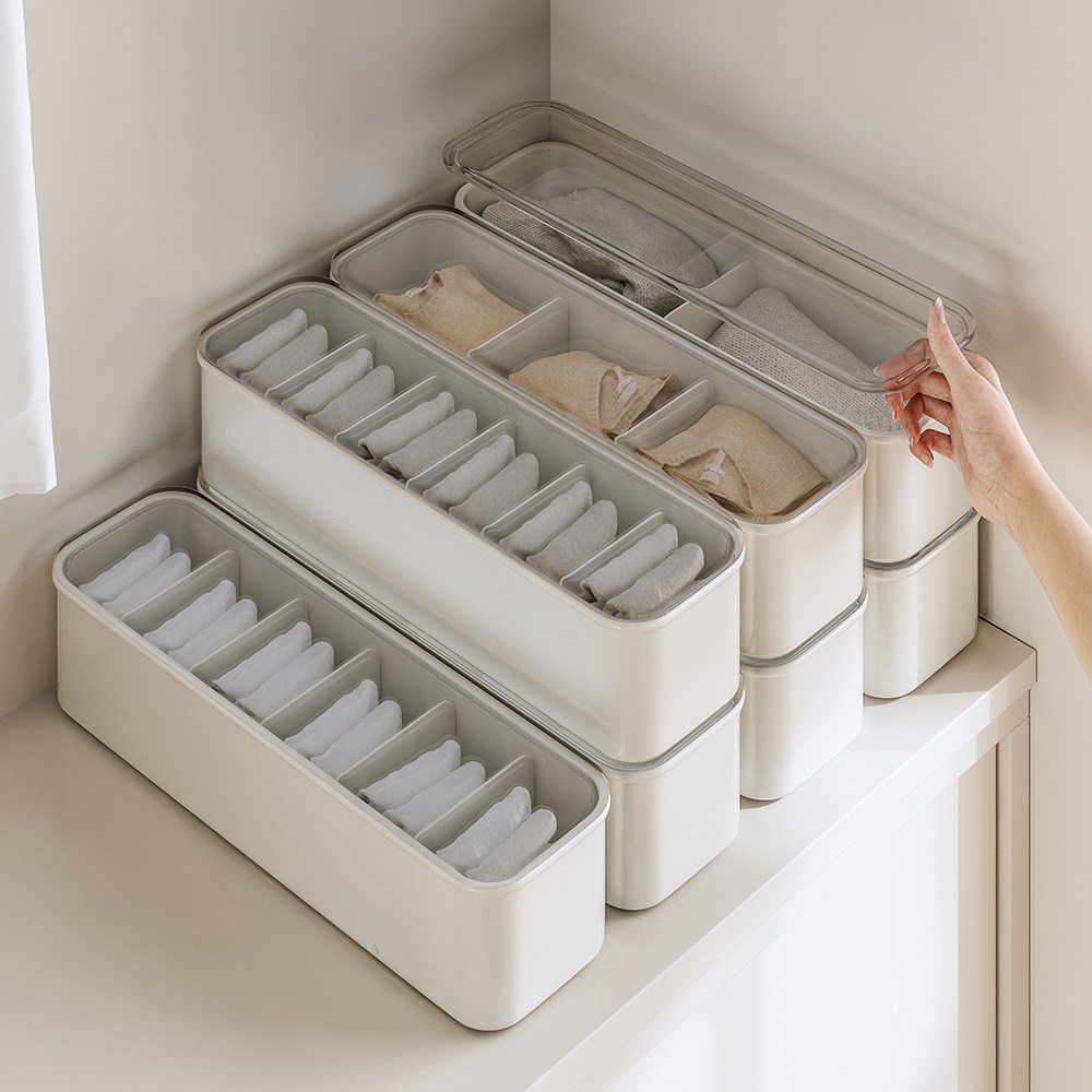 무타공마켓 적층가능한 칸칸이 자유조절 먼지방어 양말 속옷정리함, 화이트, 1개 7,900원
