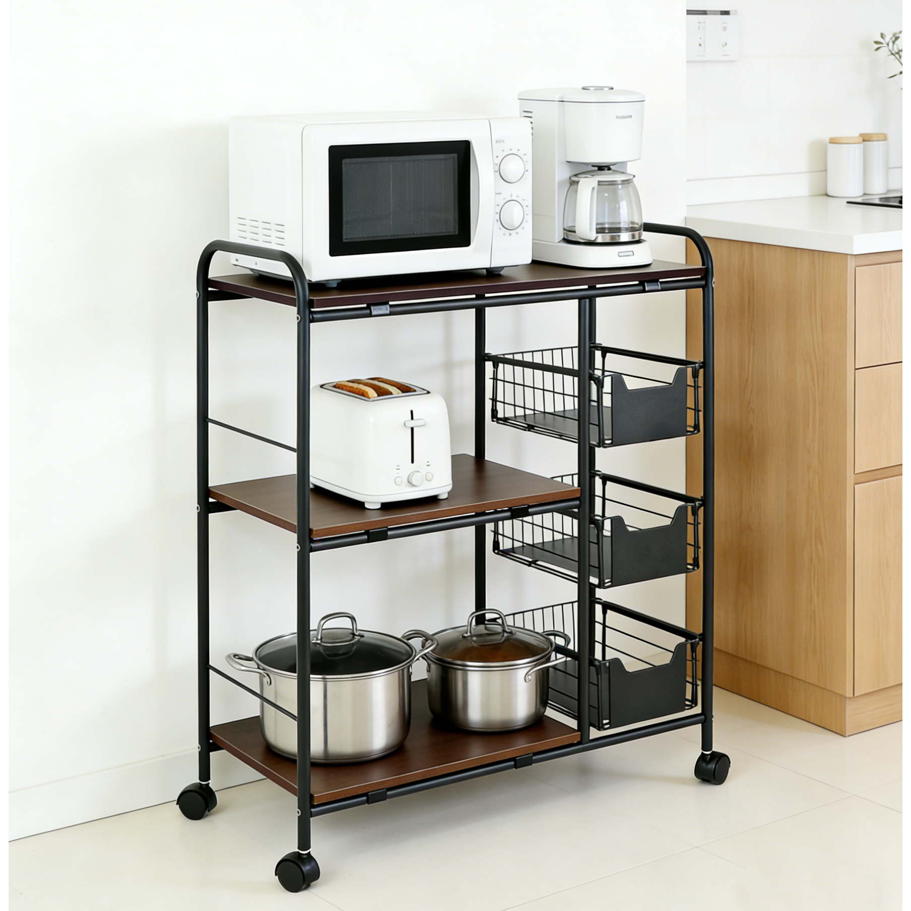 더디테일 주방 조미료 수납 선반 오븐 전자레인지 정리 가정용 서랍 수납 이동식 멀티 기능 핸드 카트 다용도 이동식 철제선반 탈착식, 3단, 블랙 65,800원