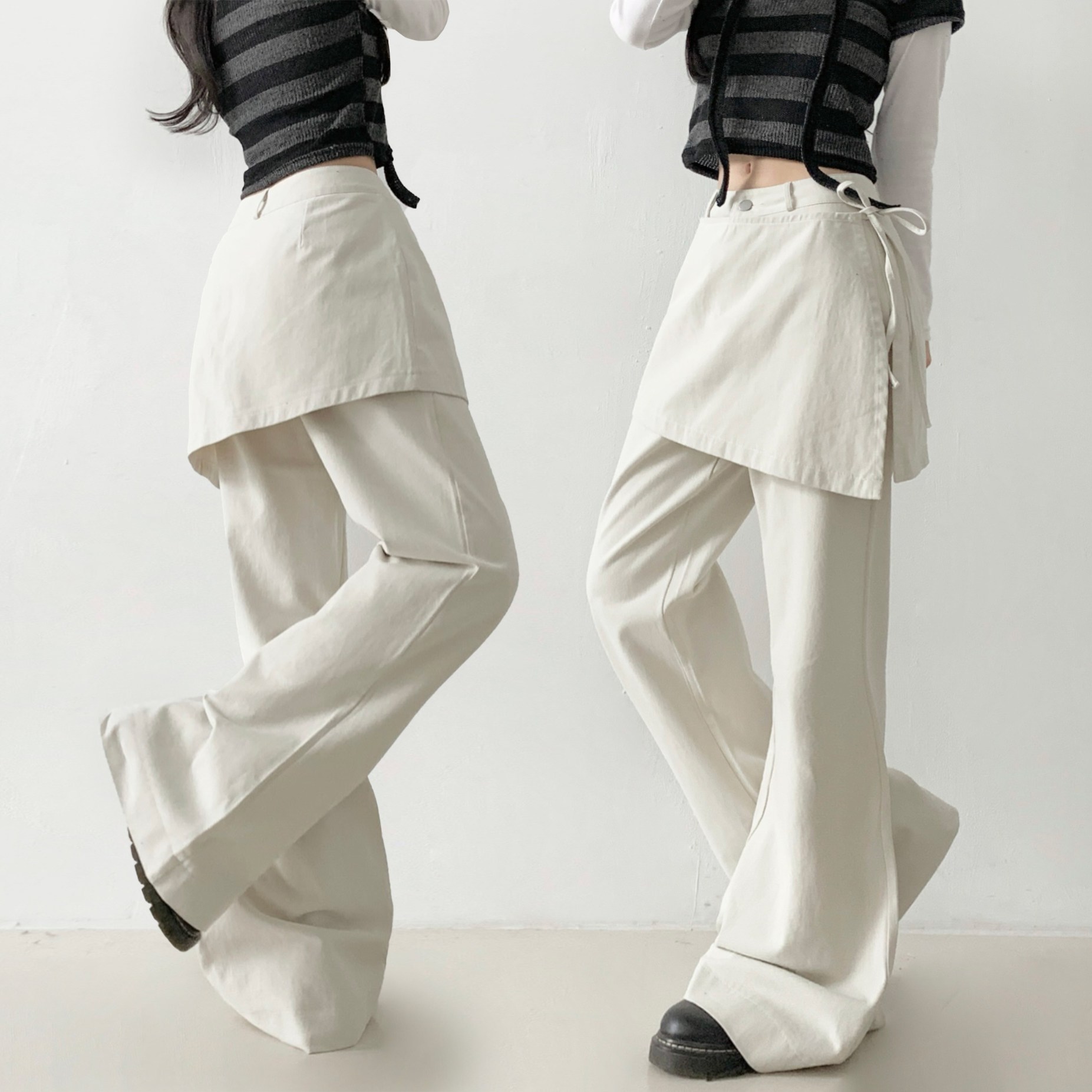 제이앤썸 랩팬츠 부츠컷 팬츠 레이어드 치마바지 언발 랩스커트 코튼 바지 리본 스트랩 29,900원