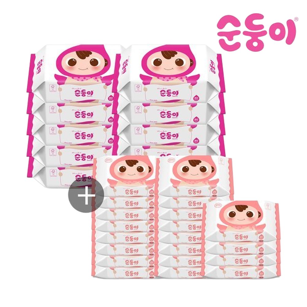 세트 순둥이 아기물티슈 베이직 리필 80매 10팩+휴대리필 20매 20팩 (BR-01+B-com) 48,300원
