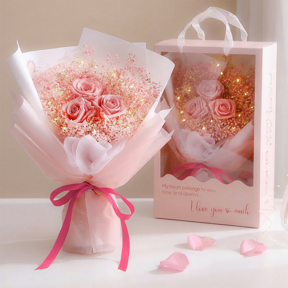 뷰티풀데코센스 생화 프리저브드 장미 안개 꽃다발 + LED전구 + 핸들캐리어, 핑크(꽃다발) 24,900원