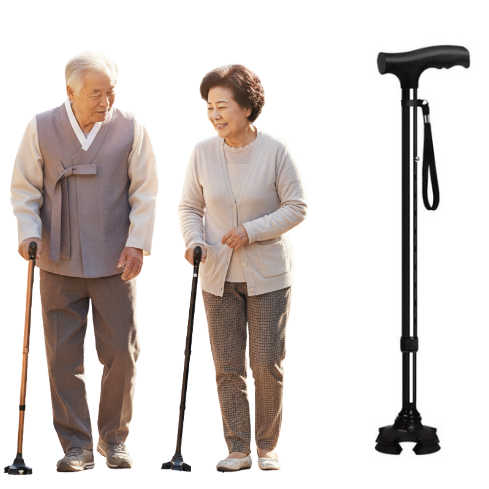 마케즈 초경량 네발 4발 노인 어르신 할머니 할아버지 가벼운 접이식 길이조절 지팡이 + 발 추가증정, 1개, 블랙 19,900원