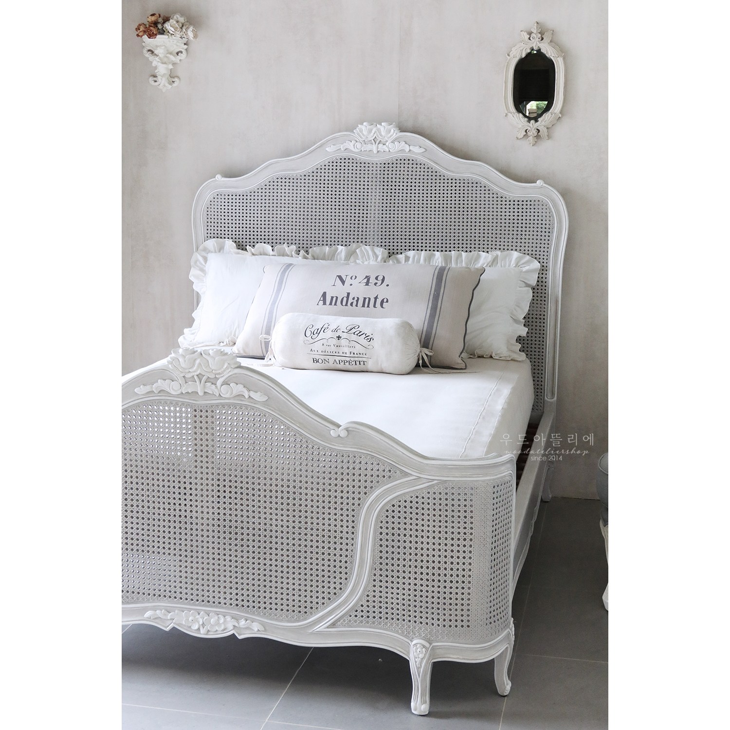 로제 라탄 침대 color 패리스그레이, 모던프렌치 쉐비시크 앤틱 침실 베드룸 프레임 슈퍼싱글 퀸 킹 원목 사이즈 주문 제작 우드아뜰리에 2,145,000원