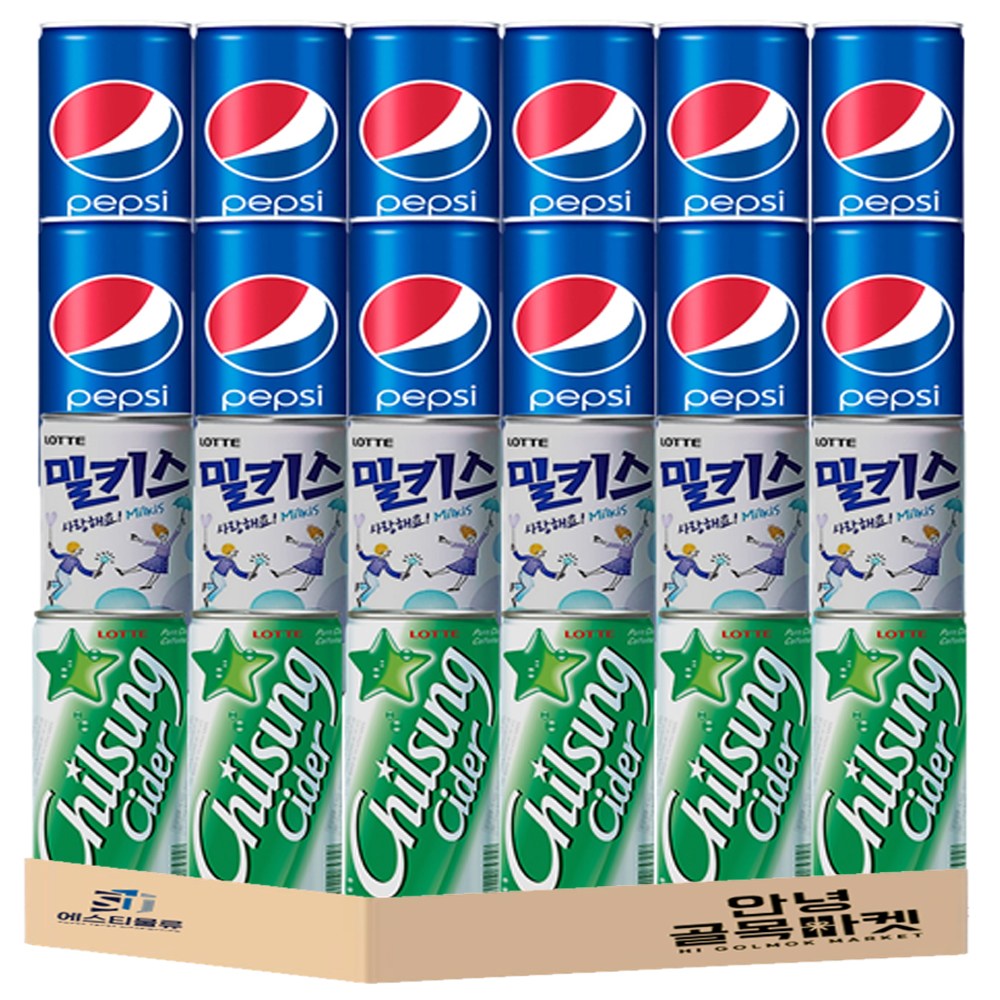미니캔 음료 3종 세트 칠성 펩시 콜라 190ml*12개 칠성 사이다 190ml*6개 롯데 밀키스190ml*6 = 24캔 *안전포장*, 24개, 190ml 19,800원