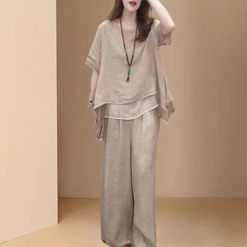 여름 여성 투피스 세트 린넨 소재 시원 통기성 여름철 편안 착용감 반팔 티셔츠 여름 바지 데일리 룩 캐주얼 외출 생활복 자수 개량한복 치마바지 상하복 37,000원