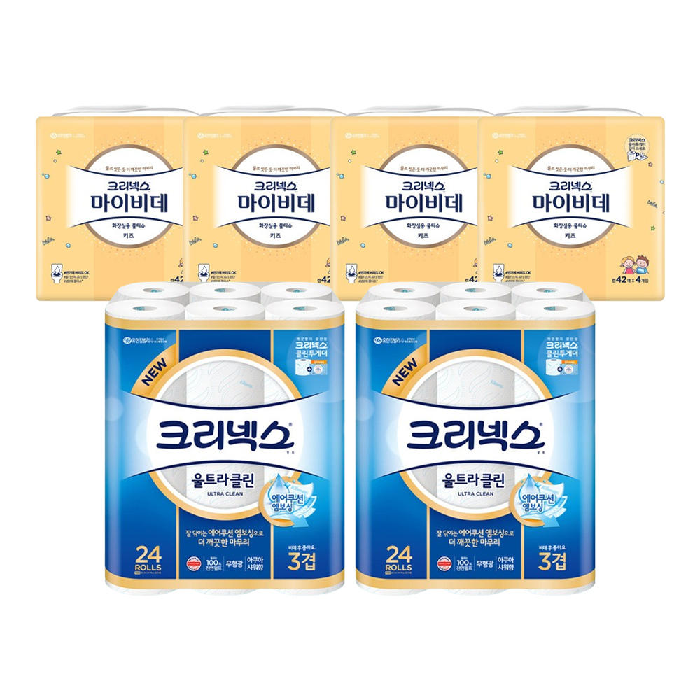 크리넥스 3겹 울트라클린, 25m, 24롤, 2개+마이비데 키즈 캡, 42매, 4입, 4개 46,400원
